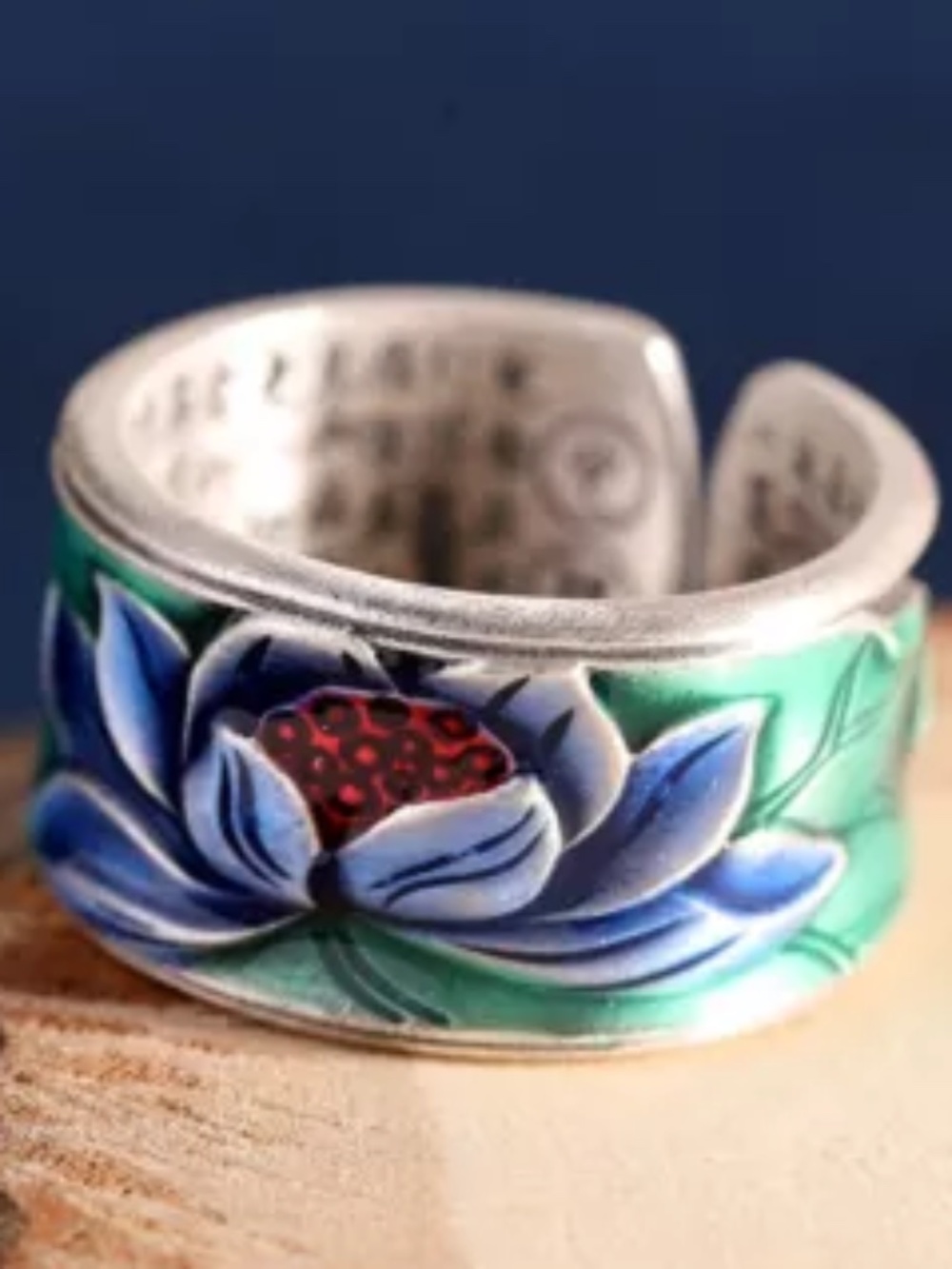 Pure S999 Sterling Silver Band Men Women Lucky Gift Enamel Lotus Open Ring 10.5g